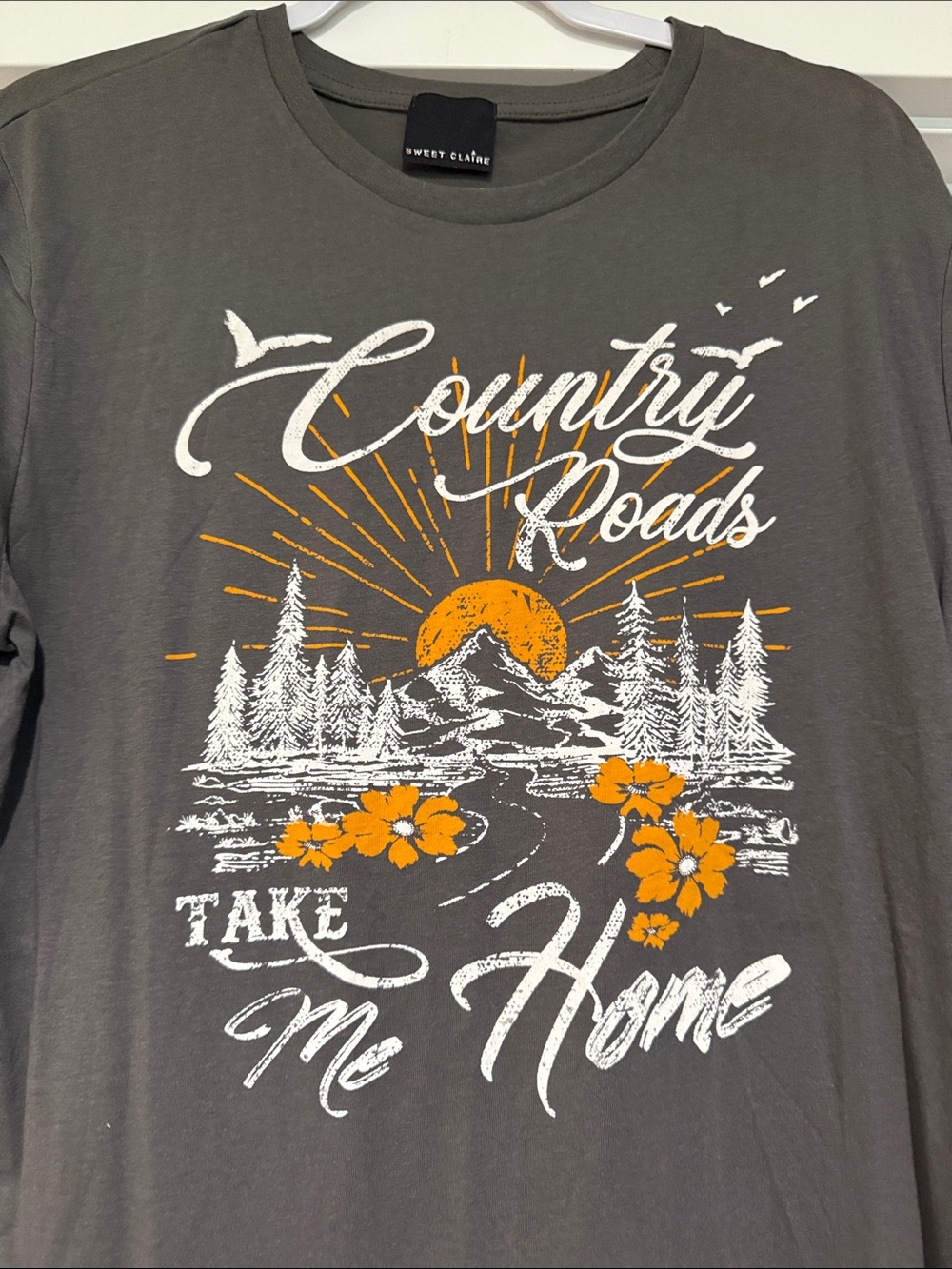 Sweet Claire Charcoal Tee with White and Orange Country Roads Graphic - Picture 2 of 4